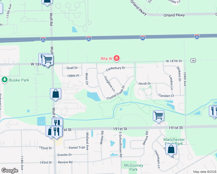 map of restaurants, bars, coffee shops, grocery stores, and more near 18828 Foxglove Ln in Mokena