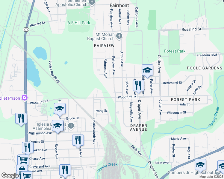 map of restaurants, bars, coffee shops, grocery stores, and more near 1211 Fairview Avenue in Joliet