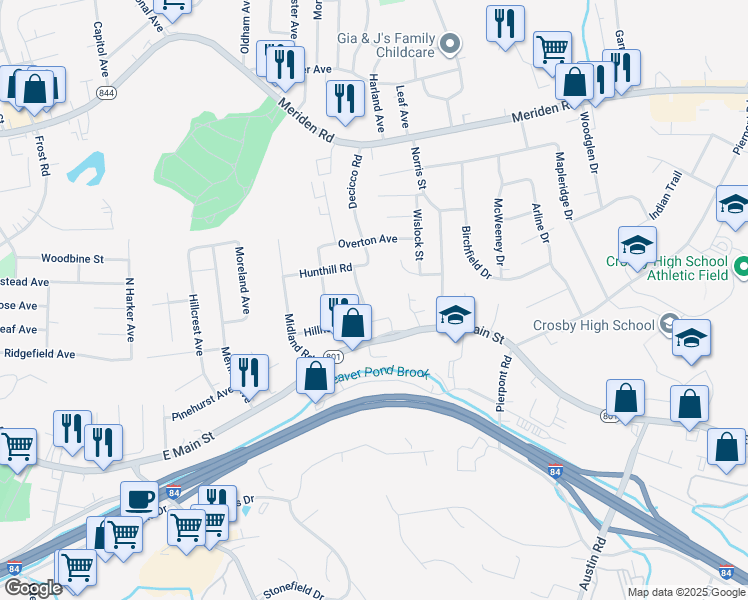 map of restaurants, bars, coffee shops, grocery stores, and more near 106 Hillhouse Road in Waterbury