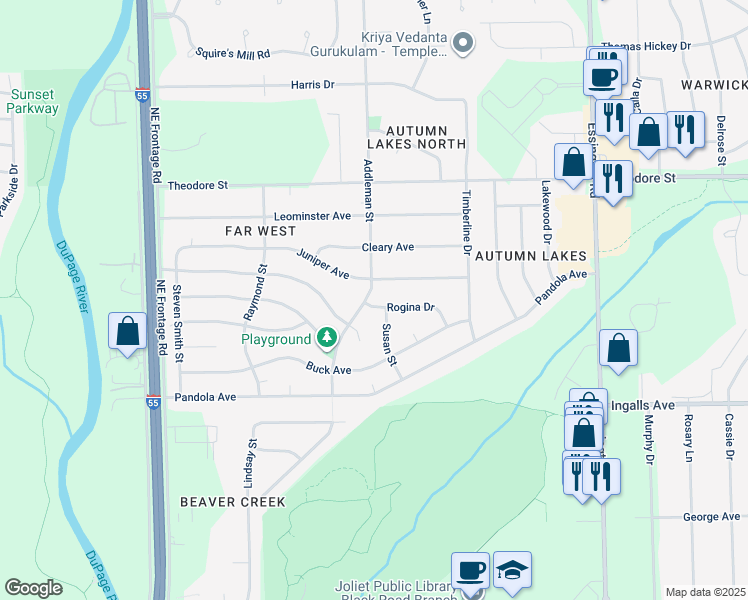 map of restaurants, bars, coffee shops, grocery stores, and more near 3621 Rogina Drive in Joliet