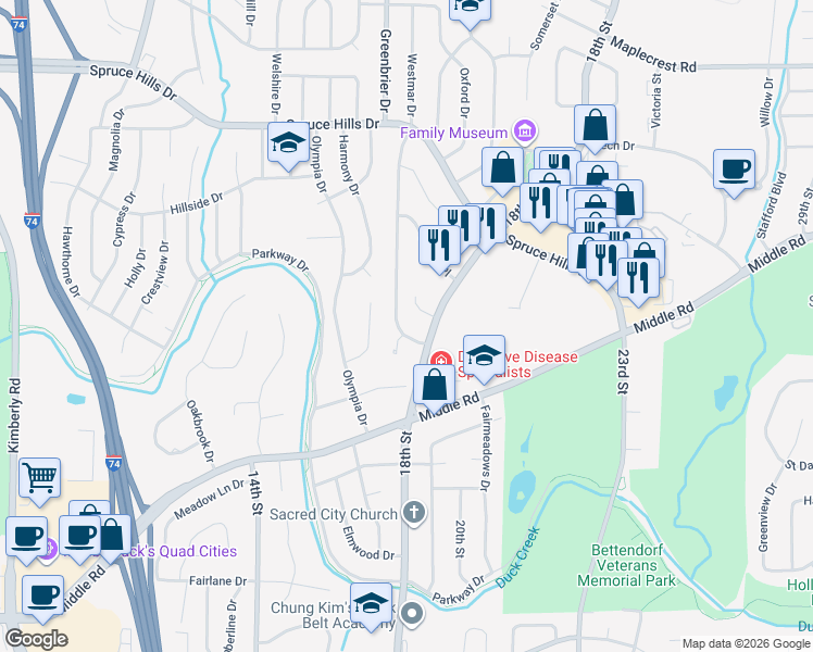 map of restaurants, bars, coffee shops, grocery stores, and more near 2329 Avalon Drive in Bettendorf