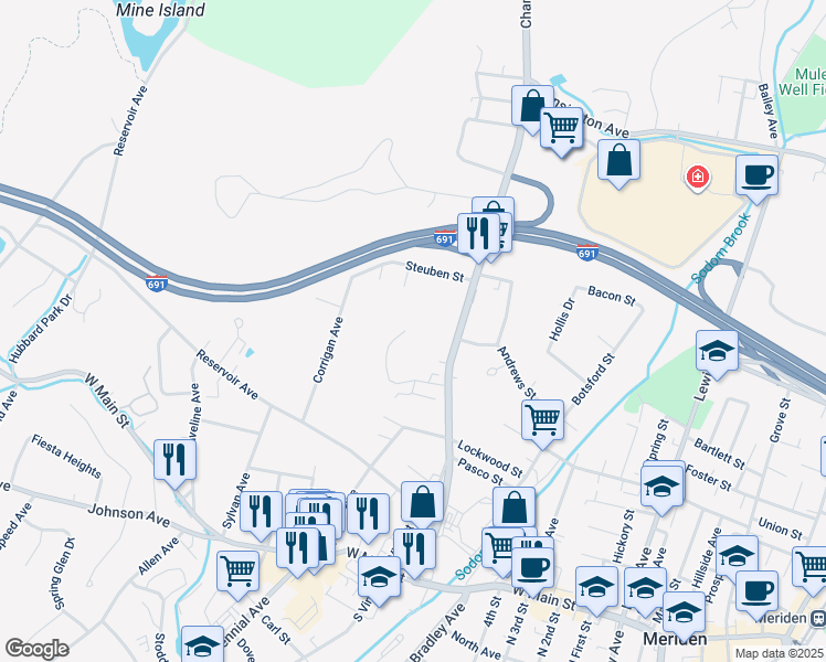 map of restaurants, bars, coffee shops, grocery stores, and more near 260A Chamberlain Highway in Meriden