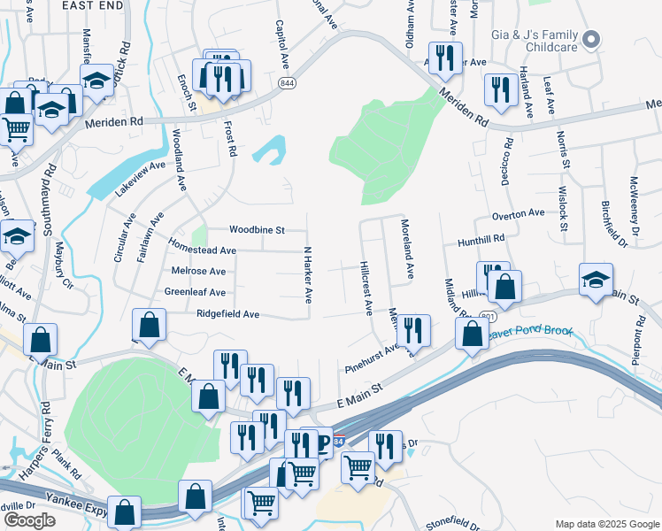 map of restaurants, bars, coffee shops, grocery stores, and more near 44 Lyric Avenue in Waterbury