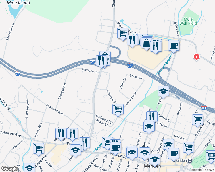map of restaurants, bars, coffee shops, grocery stores, and more near 19 Edgewood Place in Meriden