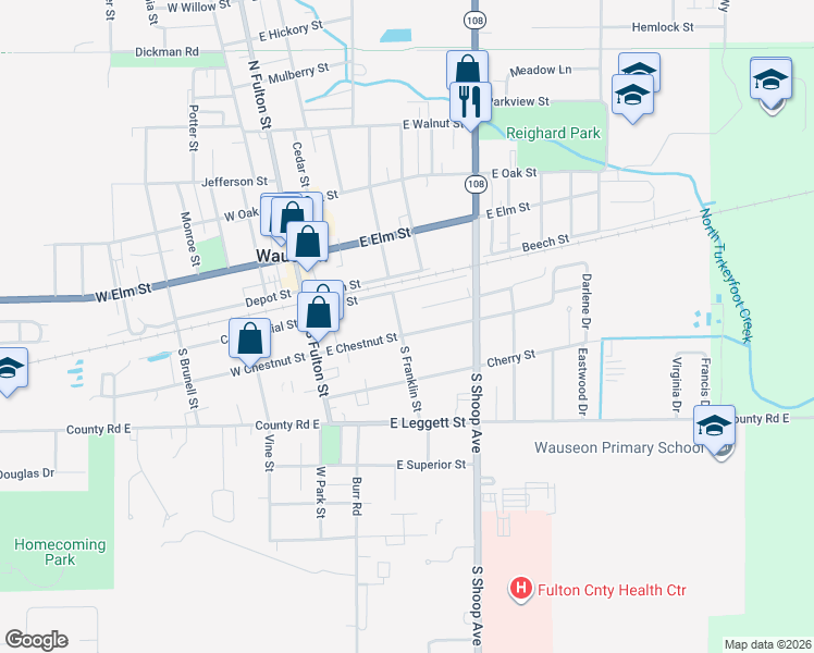 map of restaurants, bars, coffee shops, grocery stores, and more near 323 East Chestnut Street in Wauseon