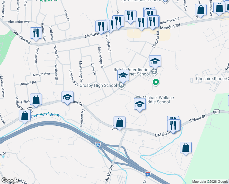 map of restaurants, bars, coffee shops, grocery stores, and more near 250 Pierpont Road in Waterbury