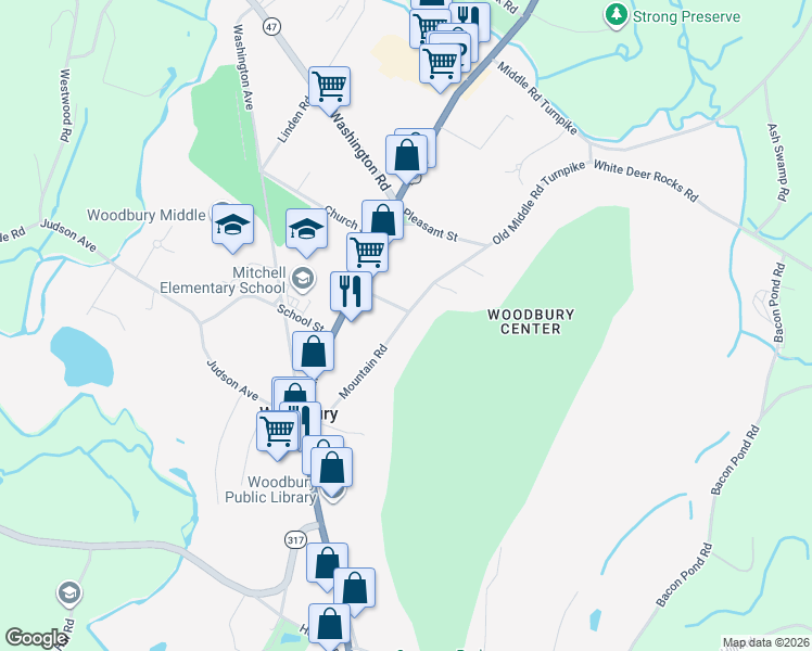 map of restaurants, bars, coffee shops, grocery stores, and more near 60 Mountain Road in Woodbury