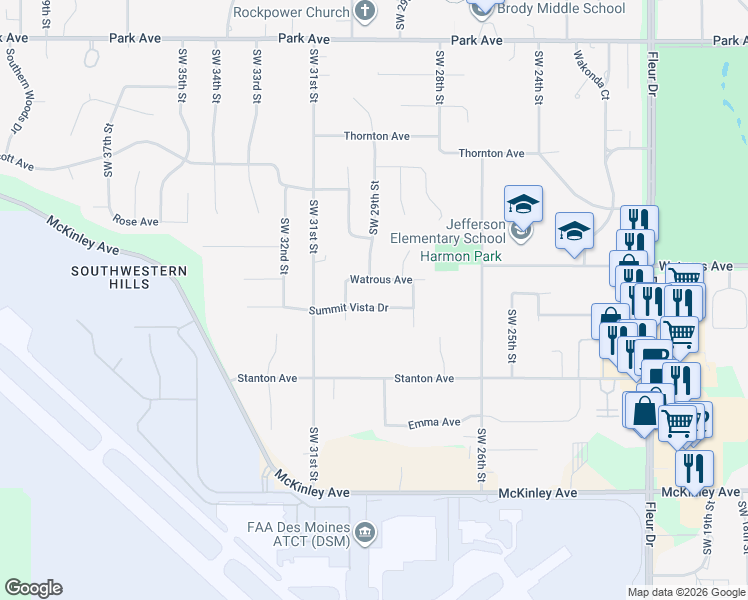 map of restaurants, bars, coffee shops, grocery stores, and more near 2829 Summit Vista Drive in Des Moines