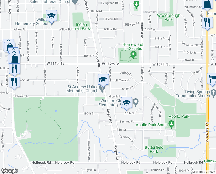 map of restaurants, bars, coffee shops, grocery stores, and more near 18822 Loomis Avenue in Homewood