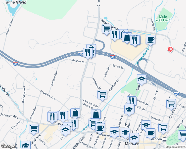 map of restaurants, bars, coffee shops, grocery stores, and more near 18 Edgewood Place in Meriden