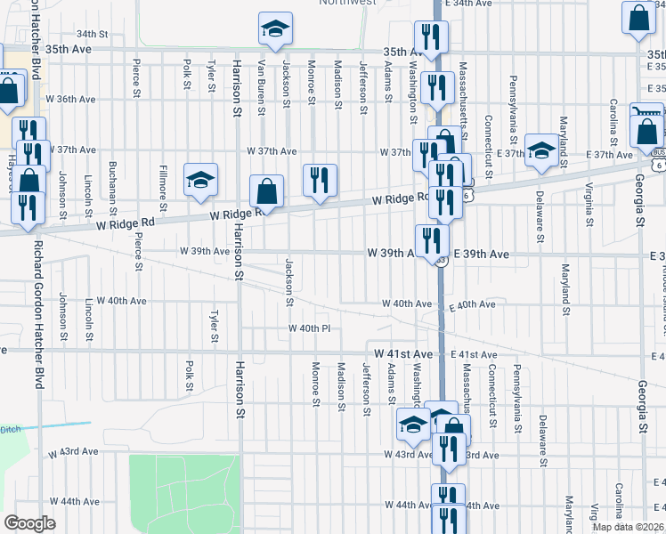 map of restaurants, bars, coffee shops, grocery stores, and more near 3924 Madison Street in Gary