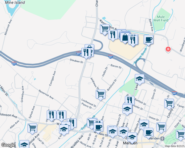 map of restaurants, bars, coffee shops, grocery stores, and more near 17 Edgewood Place in Meriden