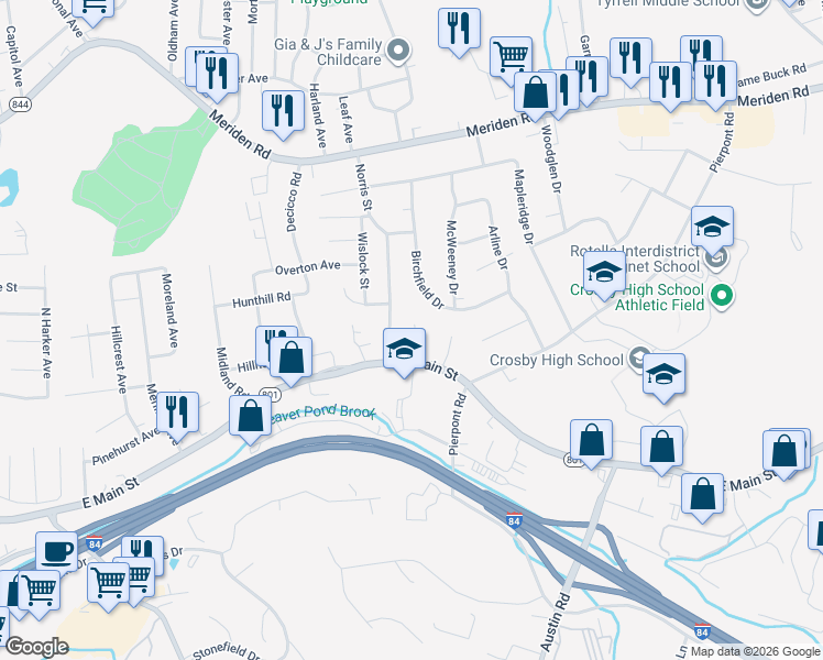 map of restaurants, bars, coffee shops, grocery stores, and more near 197 Norris Street in Waterbury