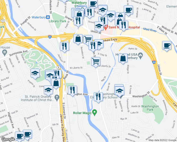 map of restaurants, bars, coffee shops, grocery stores, and more near 56 Jewelry Street in Waterbury