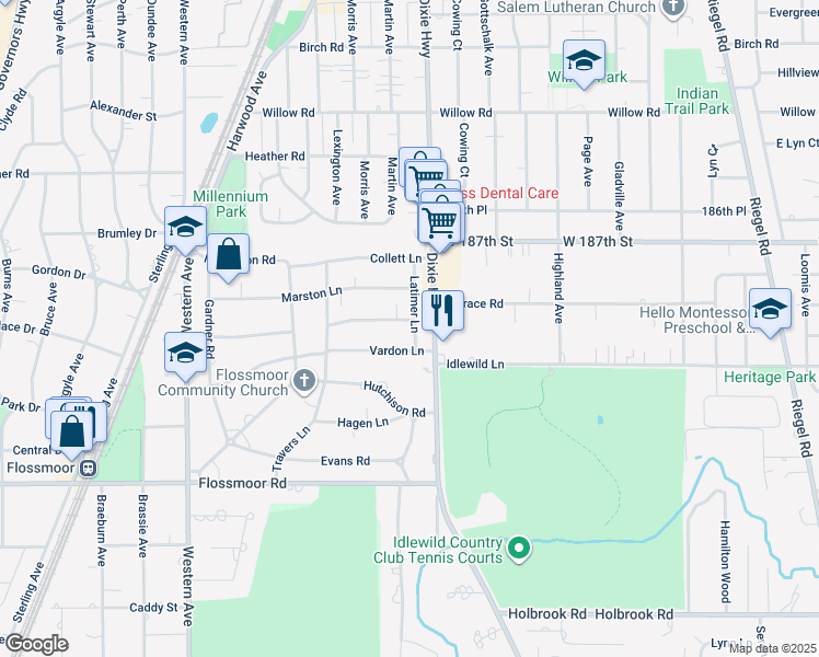 map of restaurants, bars, coffee shops, grocery stores, and more near 830 Latimer Lane in Flossmoor