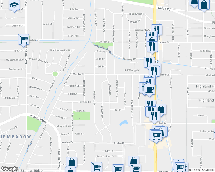 map of restaurants, bars, coffee shops, grocery stores, and more near 9138 Idlewild Drive in Highland