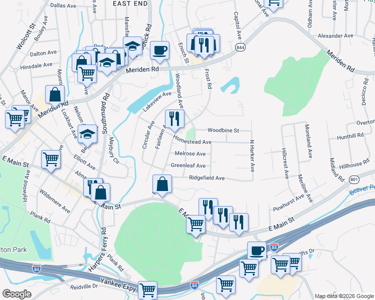 map of restaurants, bars, coffee shops, grocery stores, and more near 35 Melrose Avenue in Waterbury