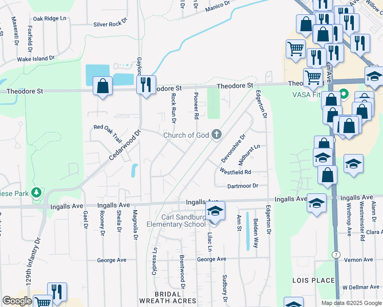 map of restaurants, bars, coffee shops, grocery stores, and more near 1400 Pioneer Road in Crest Hill