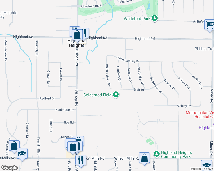 map of restaurants, bars, coffee shops, grocery stores, and more near 5667 Blair Drive in Highland Heights