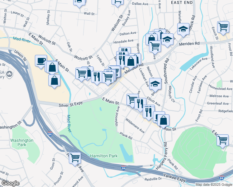 map of restaurants, bars, coffee shops, grocery stores, and more near 56 Malone Street in Waterbury
