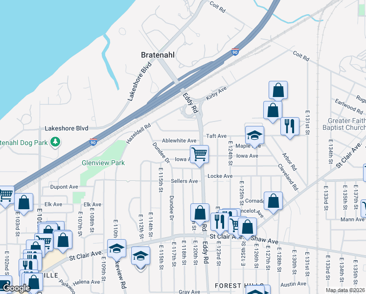 map of restaurants, bars, coffee shops, grocery stores, and more near 11809 Shadeland Avenue in Cleveland