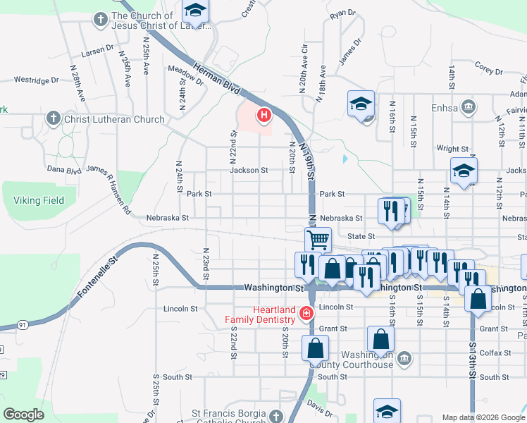 map of restaurants, bars, coffee shops, grocery stores, and more near 2068 Nebraska Street in Blair