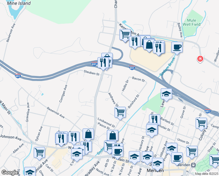 map of restaurants, bars, coffee shops, grocery stores, and more near 20 Edgewood Place in Meriden