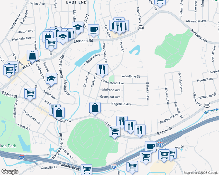 map of restaurants, bars, coffee shops, grocery stores, and more near 35 Melrose Avenue in Waterbury