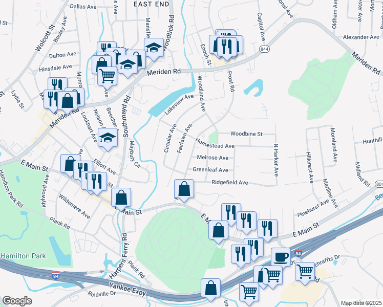 map of restaurants, bars, coffee shops, grocery stores, and more near 151 Frost Road in Waterbury