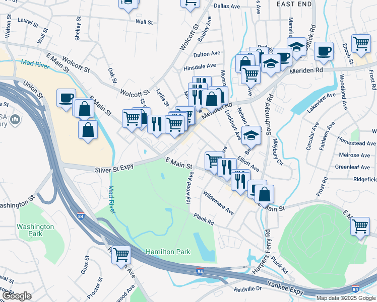 map of restaurants, bars, coffee shops, grocery stores, and more near 56 Malone Street in Waterbury