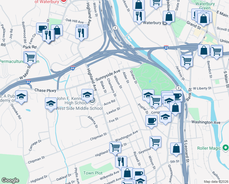 map of restaurants, bars, coffee shops, grocery stores, and more near 68 Chambers Street in Waterbury