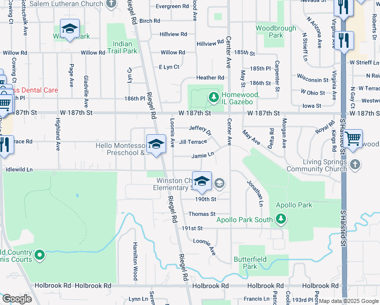 map of restaurants, bars, coffee shops, grocery stores, and more near 1344 Jamie Lane in Homewood