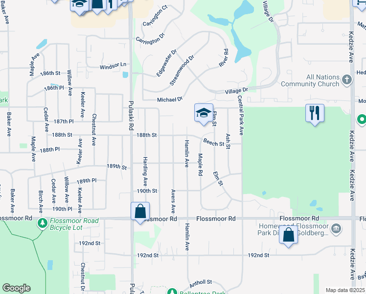 map of restaurants, bars, coffee shops, grocery stores, and more near 18832 Avers Avenue in Flossmoor