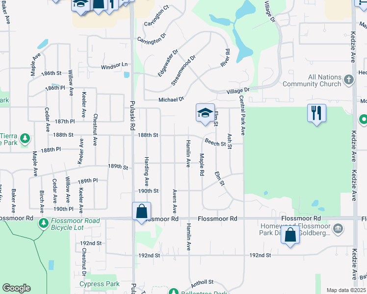 map of restaurants, bars, coffee shops, grocery stores, and more near 18832 Avers Avenue in Flossmoor