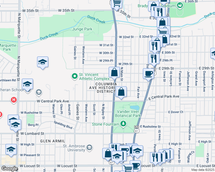 map of restaurants, bars, coffee shops, grocery stores, and more near 318 West Columbia Avenue in Davenport