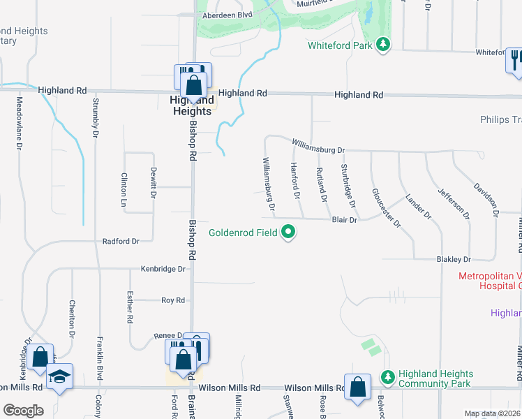 map of restaurants, bars, coffee shops, grocery stores, and more near 5667 Blair Drive in Highland Heights