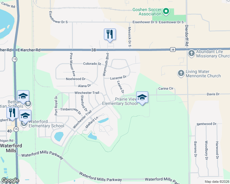 map of restaurants, bars, coffee shops, grocery stores, and more near Weymouth Blvd in Goshen