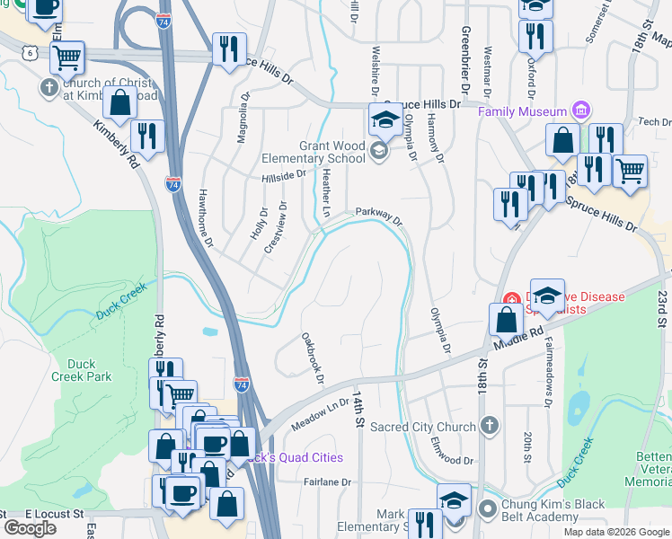 map of restaurants, bars, coffee shops, grocery stores, and more near 26-28 Oakbrook Drive in Bettendorf