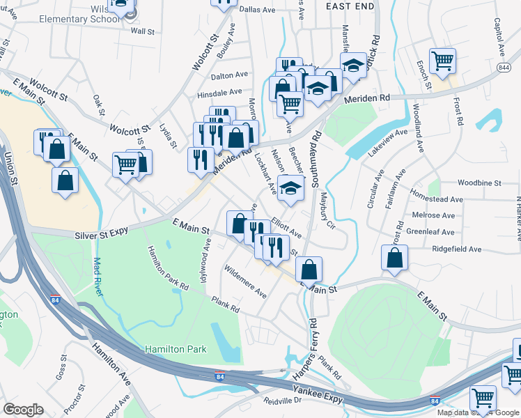 map of restaurants, bars, coffee shops, grocery stores, and more near 128 Elliott Avenue in Waterbury