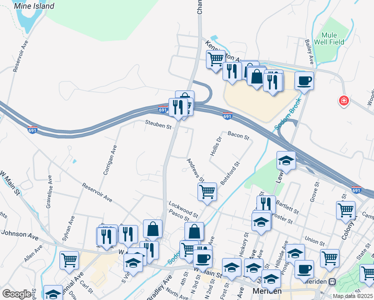 map of restaurants, bars, coffee shops, grocery stores, and more near 18 Edgewood Place in Meriden