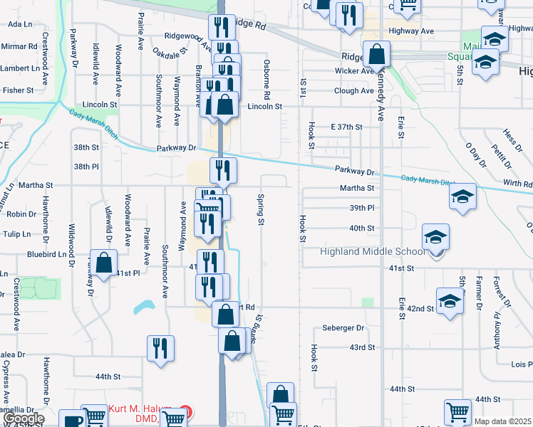 map of restaurants, bars, coffee shops, grocery stores, and more near 9137 Spring Street in Highland