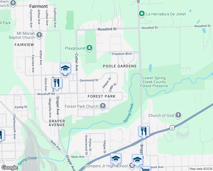 map of restaurants, bars, coffee shops, grocery stores, and more near 1208 Hague Street in Joliet