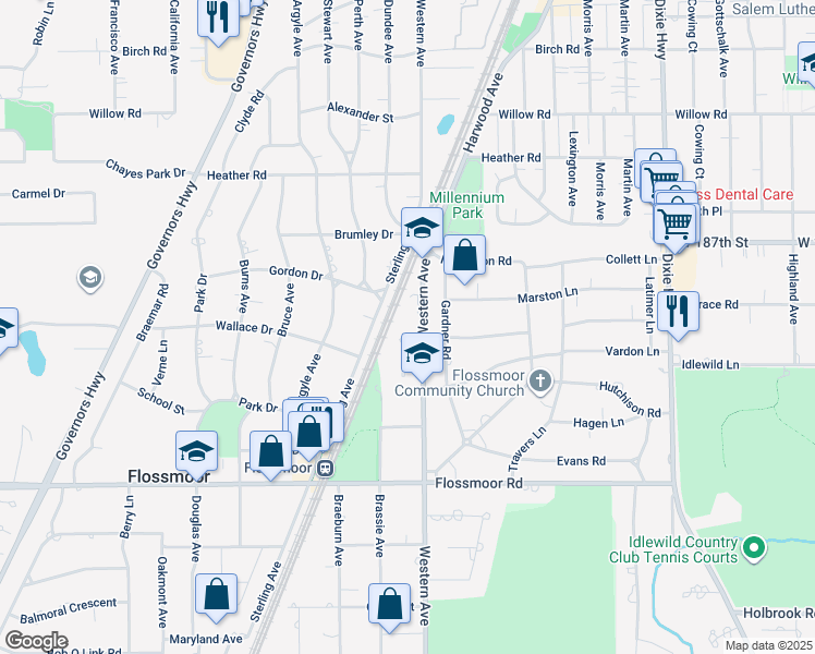 map of restaurants, bars, coffee shops, grocery stores, and more near 832 Western Avenue in Flossmoor