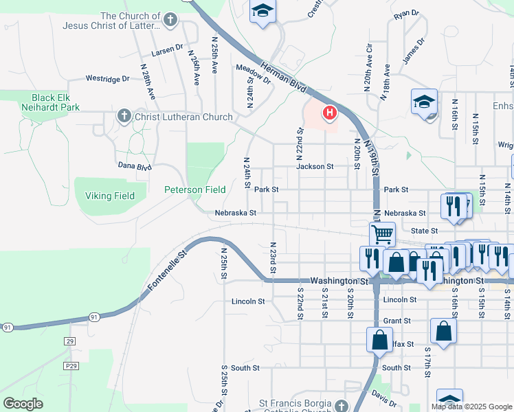map of restaurants, bars, coffee shops, grocery stores, and more near 2346 Nebraska Street in Blair
