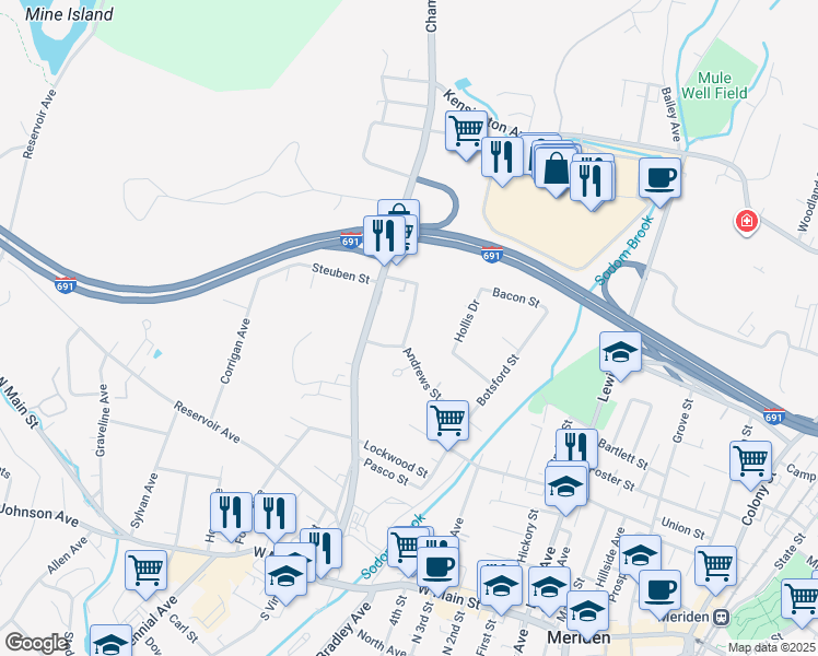 map of restaurants, bars, coffee shops, grocery stores, and more near 25 Edgewood Place in Meriden