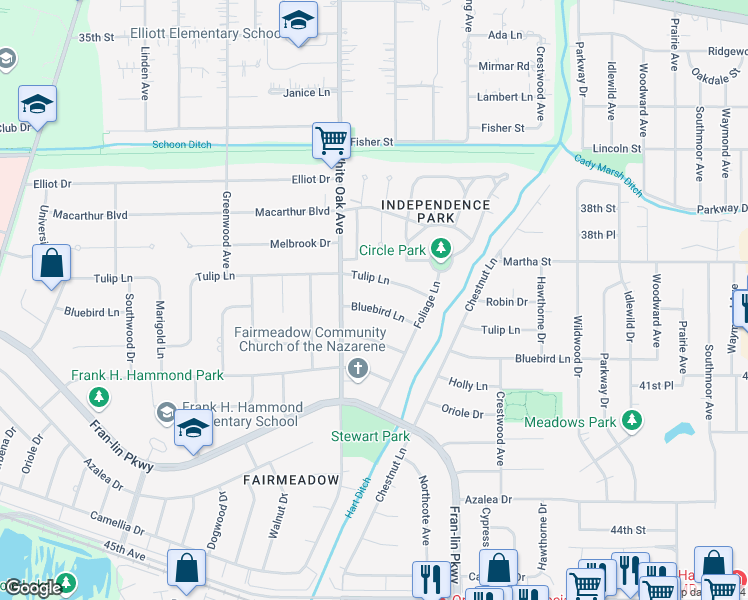 map of restaurants, bars, coffee shops, grocery stores, and more near 1621 Bluebird Lane in Munster