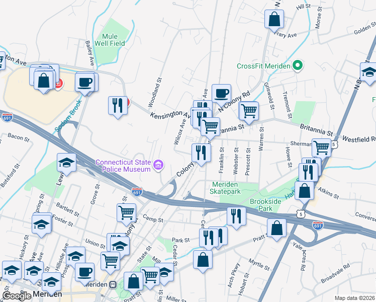 map of restaurants, bars, coffee shops, grocery stores, and more near 17 Wilcox Avenue in Meriden