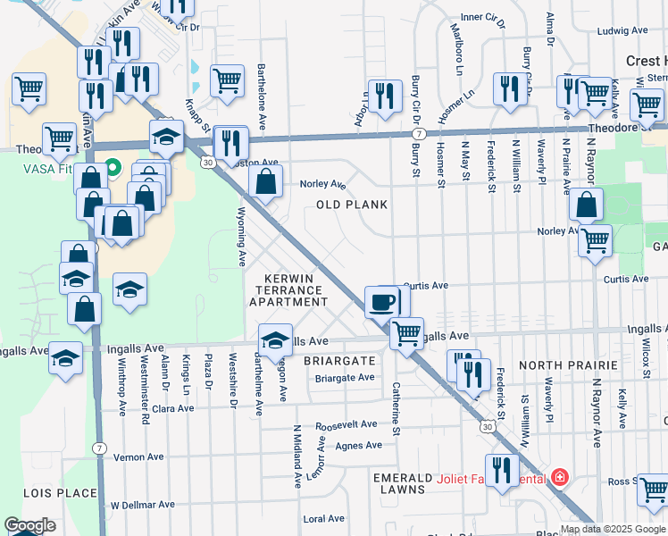 map of restaurants, bars, coffee shops, grocery stores, and more near 1316 Plainfield Road in Joliet