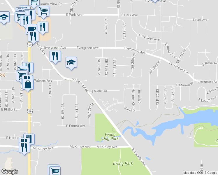map of restaurants, bars, coffee shops, grocery stores, and more near 1890 East Marion Street in Des Moines