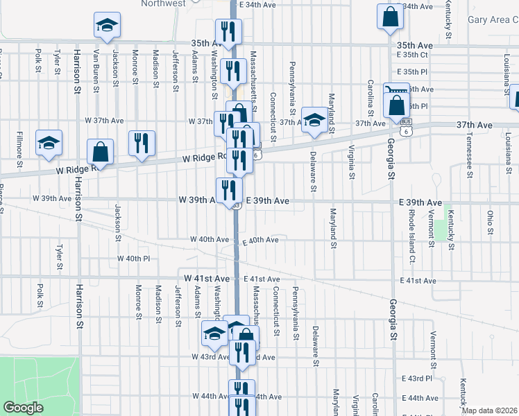 map of restaurants, bars, coffee shops, grocery stores, and more near 3932 Connecticut Street in Gary